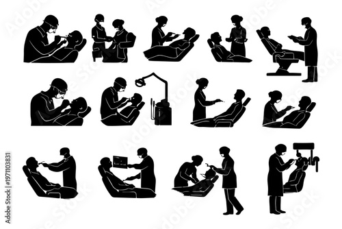 Dental care icons: dentist and patient treatment silhouettes.