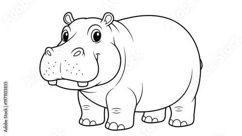 Adorable black and white outline drawing of a cute cartoon hippopotamus with a friendly smile, standing peacefully for coloring.
