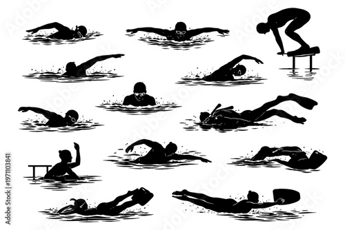Silhouettes of swimmers performing various strokes in competitive swimming techniques.
