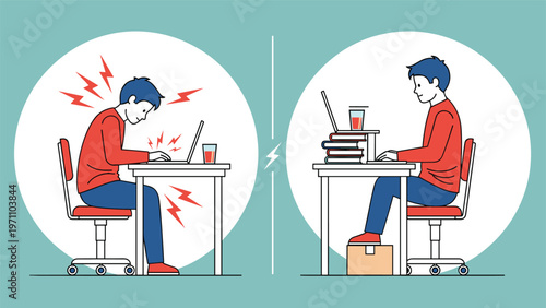 Comparison illustration showcasing the difference between poor ergonomic posture causing back pain and correct posture for computer use.