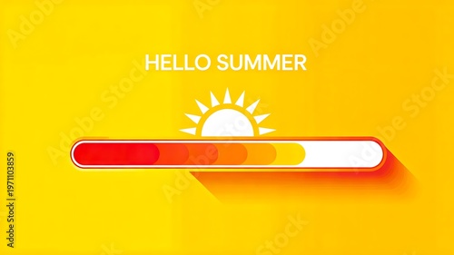 Hello summer text with progress bar and sun icon representing seasonal greeting and vacation concept 