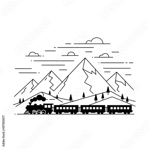 Принти на полотні Vintage Steam Train Traveling Mountainside.