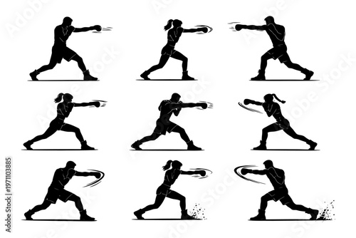 Silhouette illustrations of boxers in various punching poses.