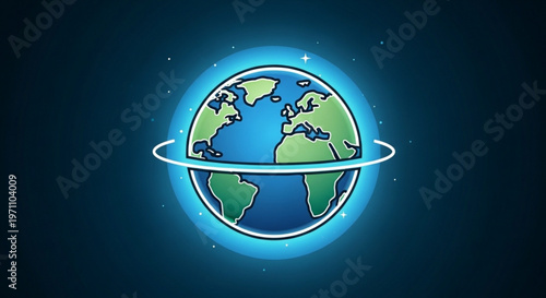 Glowing earth with satellite orbit blue planet in space global technology concept with green continents
