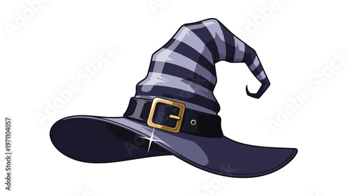 Stylish and whimsical witch hat with purple and black stripes, a golden buckle, and a pointed, slightly curved top, on a white background.