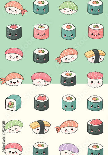 A cheerful and adorable seamless pattern of various kawaii sushi characters on a light green background.