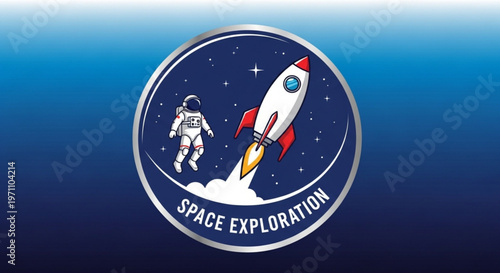 Space exploration logo with astronaut and rocket launching into starry night sky