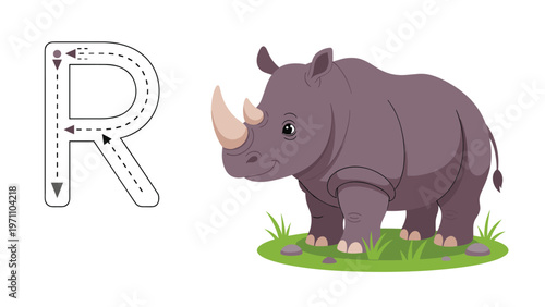 Educational illustration combining a robust rhinoceros standing in grass with a tracing guide for the uppercase letter "R", ideal for children's learning.