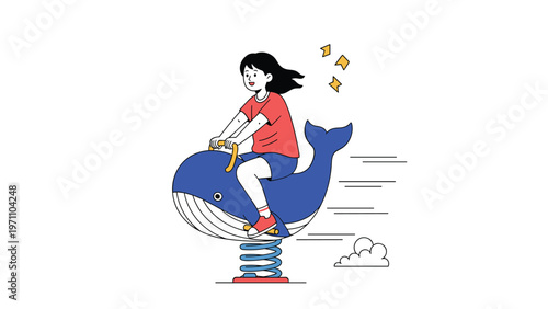 Joyful young girl with dark hair and a red shirt is happily riding a blue whale spring rider at a playground, enjoying a moment of playful activity.