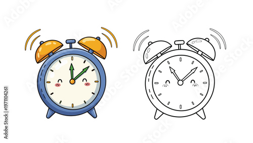 Charming cartoon alarm clock with a smiling face and ringing bells is depicted in both colorful and black-and-white outline versions.