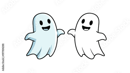 Two adorable cartoon ghosts, one in light blue color and the other as a black-and-white outline for coloring activities.