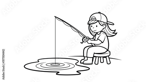 Focused young girl, wearing a baseball cap, is calmly fishing by a pond, depicted in a black-and-white outline drawing.