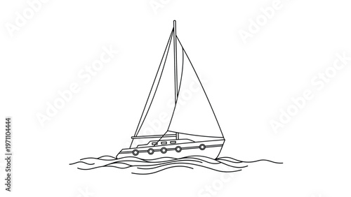 Classic sailboat with its majestic sails unfurled is gracefully navigating calm waves, depicted as a black-and-white outline.