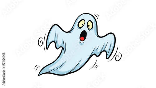 Startled and comically frightened cartoon ghost, colored in light blue, floats with wide eyes and an open mouth.
