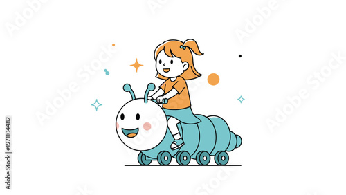 Cheerful little girl with orange hair is happily riding a cute blue caterpillar-shaped toy with wheels, enjoying playtime.