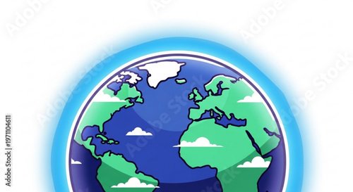 Earth globe illustration with blue aura and white clouds on green continents and oceans