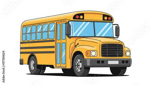 Classic yellow school bus with blue windows and black tires, ready to transport children safely to and from school.