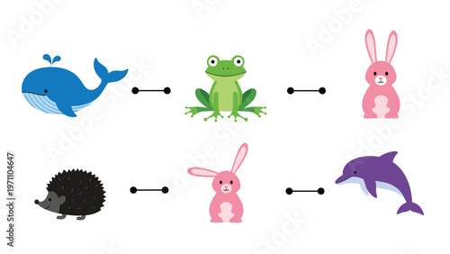 Fun educational game featuring six colorful cartoon animals, challenging players to match pairs by drawing lines.