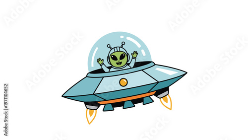 Friendly cartoon alien with large eyes and waving hands is happily piloting a futuristic flying saucer spaceship.