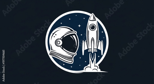 Space helmet and rocket ship blasting off into starry night sky with white outline