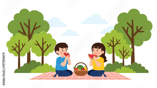 Two happy children are joyfully having a summer picnic in a lush green park, enjoying fresh fruits and the outdoors.