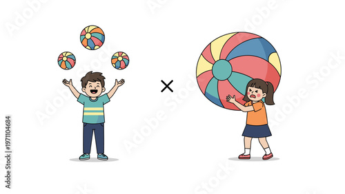 Boy skillfully juggles multiple small balls, contrasted with a girl struggling to hold a gigantic beach ball, with a multiplication symbol.