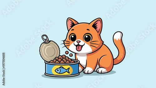 Adorable orange cat with big, expressive eyes is happily eating tasty food from a can, depicting a contented pet.