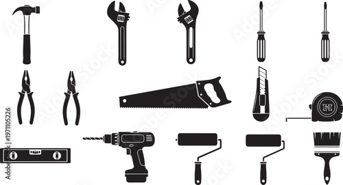 Collection of Black and White DIY Tools, Construction Equipment, and Repair Instruments for Home Improvement Projects, Vector Icons Set