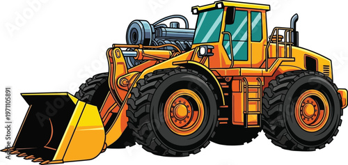 A vibrant illustration of a large yellow front loader with a bucket on a white background