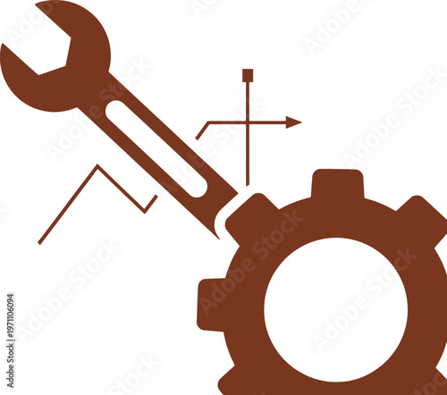 Brown wrench turning a large gear with an arrow symbolizing rotation mechanical