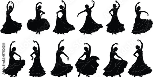 Flamenco dancer silhouettes collection with flowing dresses and expressive dance poses, traditional Spanish dance women set isolated on white