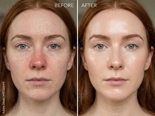 Before and After Skincare Transformation: Natural Skin Texture Pores and Redness vs Hydrated Radiant Glass Skin Glow. Beauty Treatment Comparison, Facial Care, Dermatology, Healthy Glowing Skin. Irish