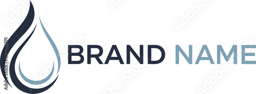 A modern logo design featuring a stylized water droplet with a brand name on a clean white background