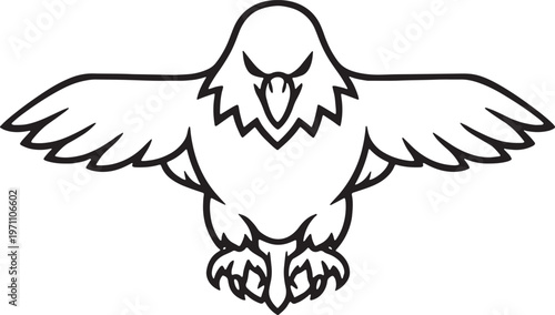 Black and white drawing of an eagle in flight, showcasing its wings and sharp beak