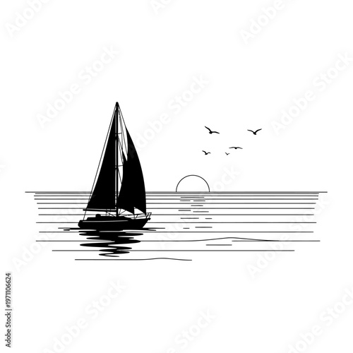 Sailboat on Water with Birds Flying.