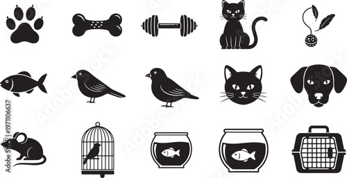 Cute Pet Icons Set: Dog, Cat, Bird, Fish, Mouse, Paw Print, Bone, Dumbbell, Cage, Carrier, Aquarium, Vector Graphics for Animal Lovers and Pet Care Businesses