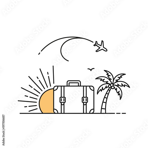 Travel suitcase with tropical vacation symbols.