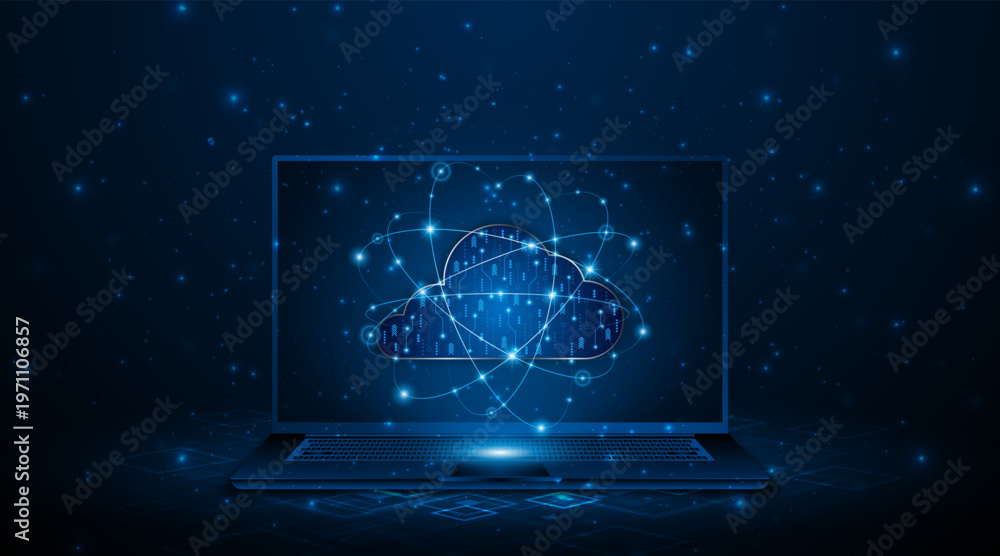 Fototapeta premium Cloud technology with circuit boards floating above a laptop. A large-scale data center concept. Background concept of innovative modern cloud storage technology. 