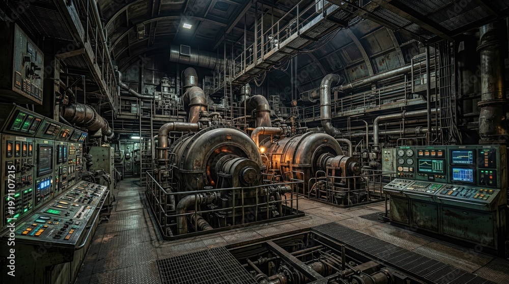 Fototapeta premium Industrial interior with machinery and control panels