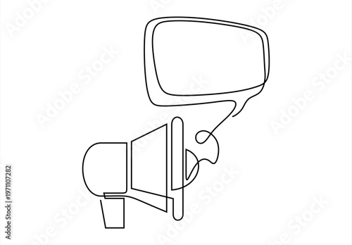 Continuous line one drawing of Speech bubble with megaphone. Vector illustration on white isolated background. Bullhorn speaker business concept.