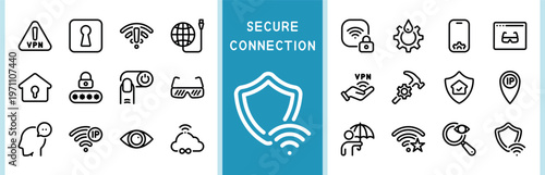 Secure connection outline vector icon set for digital privacy