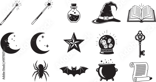 Mystical Magic Icons Set: Witchcraft, Wizardry, and Enchantment Symbols for Spooky and Fantasy Designs. Includes Wands, Potions, Hats, Books, Moons, Stars, Crystal Balls, Keys, Spiders, Bats