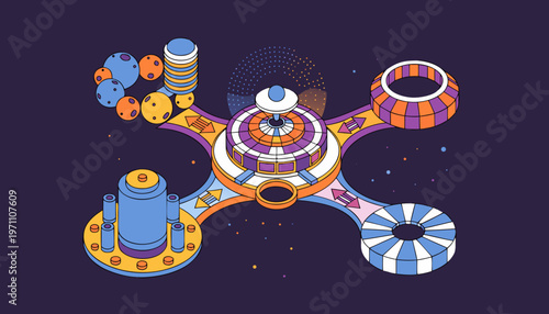 A vibrant, colorful vector graphic illustration of a futuristic space station with multiple modules and rings in orbit around a planet.