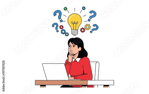 A woman deeply contemplates a bright idea surrounded by question marks symbolizing creative problem solving and innovative thinking