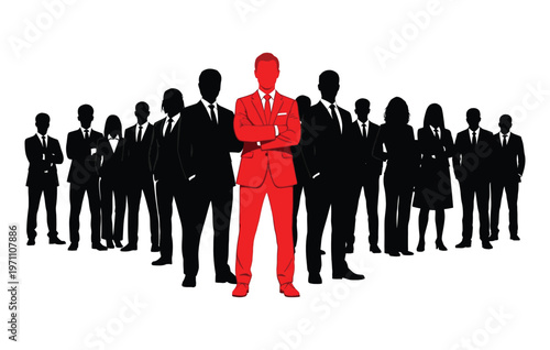 A striking visual of a group of silhouetted businesspeople with one figure prominently highlighted in vibrant red symbolizing leadership and distinction