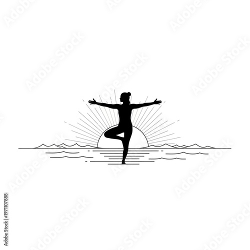 Woman in yoga tree pose outdoors.