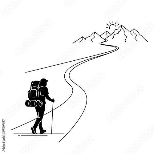 Hiker Walking on Winding Mountain Road.