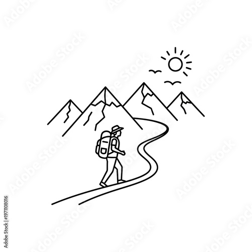 Person Hiking on Winding Mountain Trail.