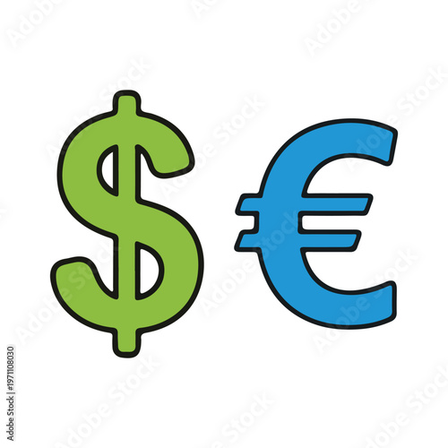 Illustrated comparison of us dollar and euro currency symbols side by side