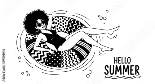 Woman Relaxing on Floating Tube in Water with Hello Summer Illustration